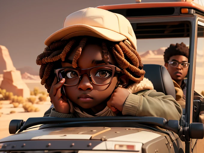 a man with glasses driving a vehicle in the desert, a character portrait, by Michael Komarck, afrofuturism, children's gambino, face-on head shot, humvee, thick neck, anorld render, twoface, afroamerican, hyper realistic absurd, mixed-race, starwars, realistic cartoon, RAW photo, 8k uhd, dslr, soft lighting, high quality, film grain, Fujifilm XT3, (high detailed skin:1.2)