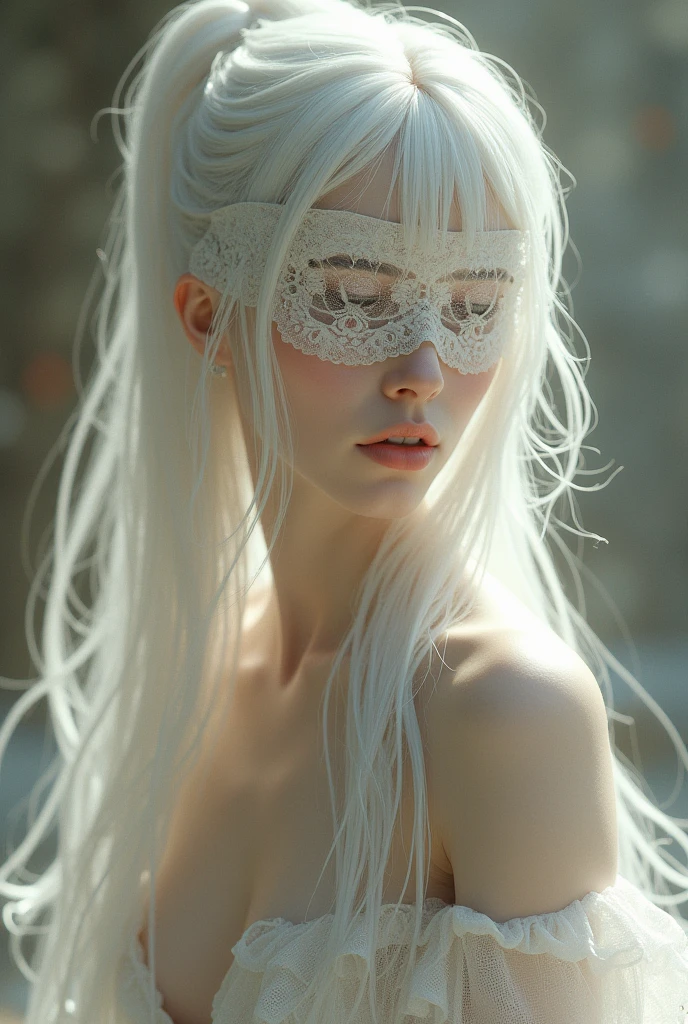 "A mysterious and ethereal female character with long, flowing white hair tied in an elegant updo. Her eyes are covered by a delicate white blindfold, adding a sense of mystique to her appearance. She wears a soft, flowing garment with intricate floral patterns, and her look is complemented by soft, warm lighting that accentuates her flawless, pale skin and slightly parted lips. The overall composition has a serene and almost otherworldly atmosphere, with soft light and shadows creating a dreaml