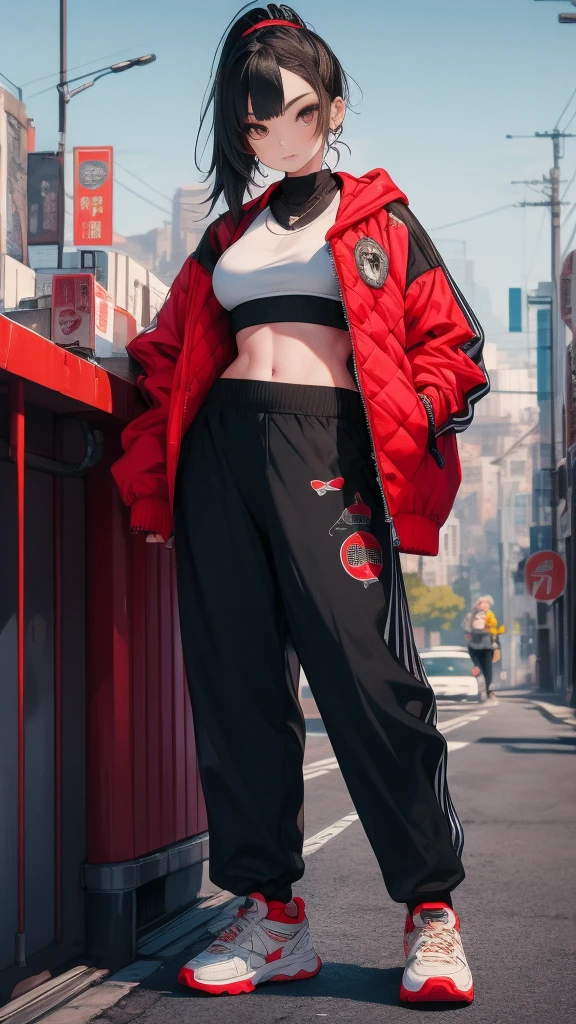 A realistic, high-quality image of a young woman around 2, with a modern hip-hop style. She has her hair in a sleek ponytail, and she’s dressed in a fashionable, urban outfit with a mix of athletic wear and street style. She wears a fitted jacket over a crop top, with loose pants and sneakers. The background blends a futuristic cityscape with traditional Chinese elements, emphasizing her strong, determined character and her role as a leader.