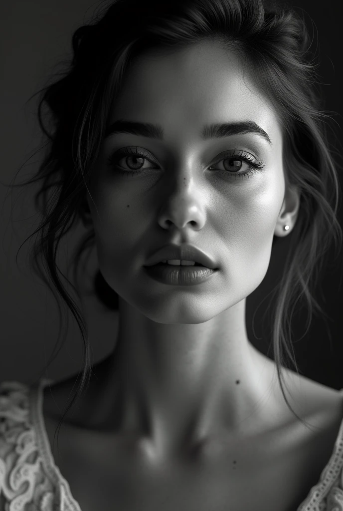 a black and white photo of a woman with shadow., in the style of minimalist beauty, light bronze and bronze, serene faces, sharp edges, karencore, high definition, contrast shading, realism --ar 3:5 --stylize 750 --v 6.0 --style raw