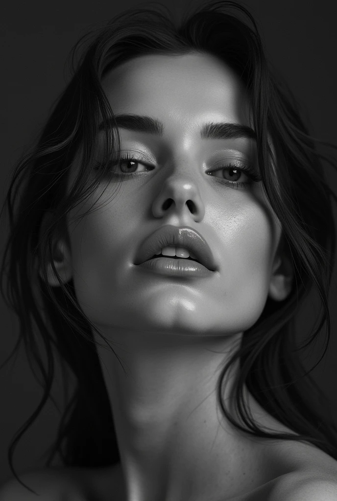 a black and white photo of a woman with shadow., in the style of minimalist beauty, light bronze and bronze, serene faces, sharp edges, karencore, high definition, contrast shading, realism --ar 3:5 --stylize 750 --v 6.0 --style raw