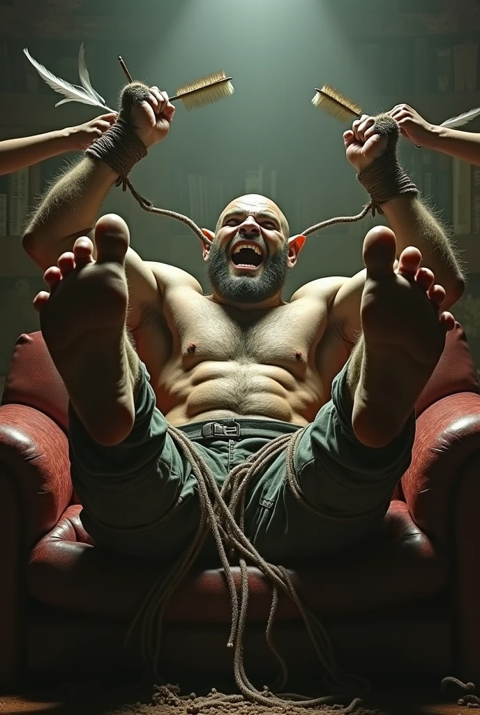 A handsome，Orc with abs tied to the sofa，Shoes taken off，Revealing two big bare feet，Both feet are locked in the foot，Feet raised，Soles facing forward，Five toes tied with rope in foot，His hands were tied tightly to one end of the sofa.，His upper body was stripped，Wearing only a pair of trousers，Being tickled by a man in a cap，His armpits were constantly tickled by feathers.，The soles of his feet were being scratched by two brushes.，The toes are also tickled by the feathers growing from the toes.。The abdomen is scratched with a brush，And he laughed，Struggling hysterically，Swinging his two feet，I want to escape from this nightmare.，But can only endure the punishment of being tickled。*（Have an expression of laughing like being tickled，Keep your feet elevated，The soles of your feet should face the screen）
