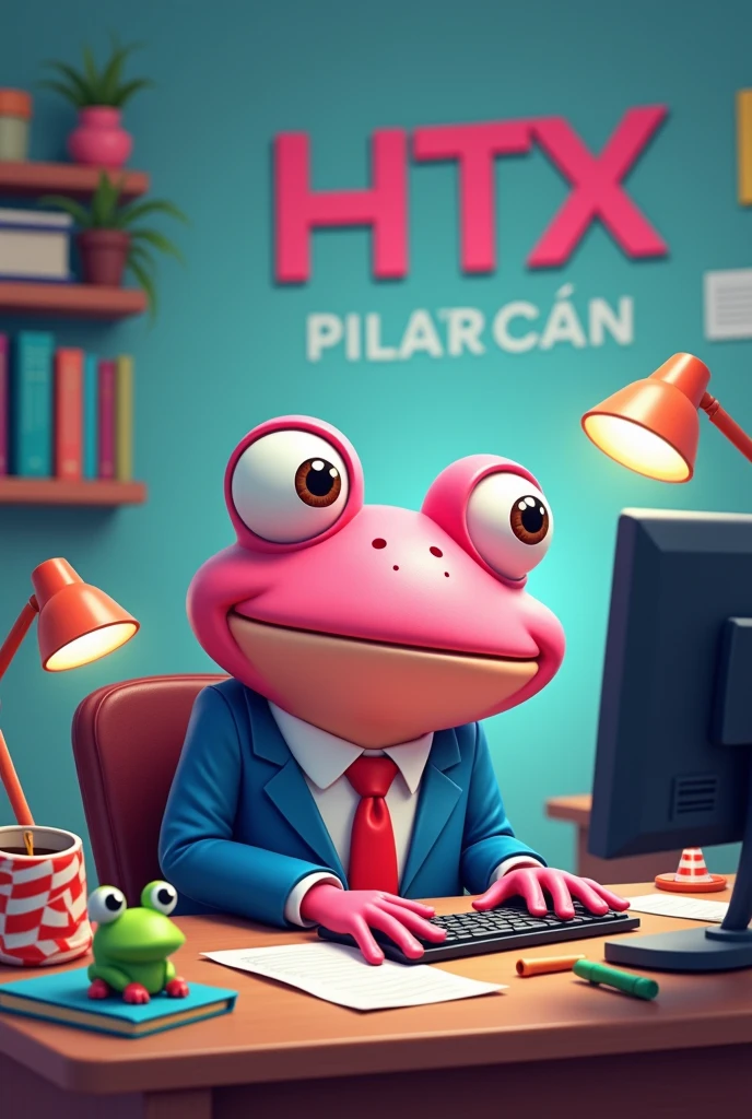 Here's a revised prompt to make sure the text "HTX" appears both on the computer screen and in the background:

"Create an image of a cartoon-style pink frog character with large eyes, sitting at a desk working on a computer. The frog is wearing a blue suit jacket, a white shirt, and a red tie. The text 'HTX' should be displayed prominently on the computer screen. Additionally, ensure there is a visible 'HTX' sign or logo in the background on the wall or another object. The desk should have a lamp, a glass of water, some books, a small toy frog in a water dish, and scattered decorative elements like striped cone-shaped objects. The scene should have a colorful and playful style, with focused lighting on the desk and the 'HTX' text clearly visible in both places." 

This prompt specifies where you want the "HTX" text to appear.