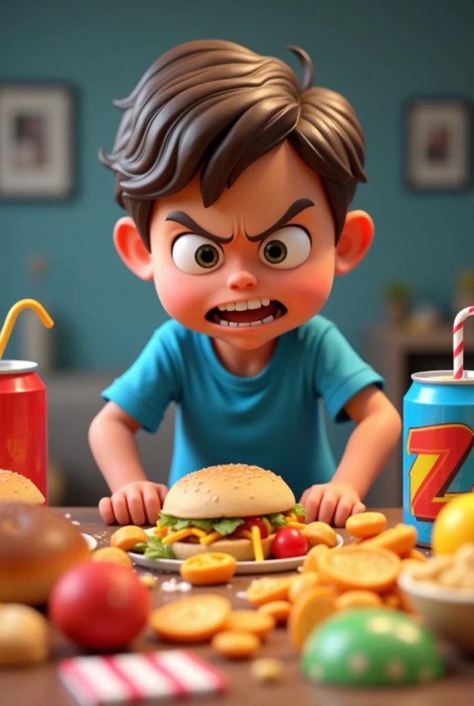 Angry boy 3d cartoon wear blue tshirt
eating many junk food on the table