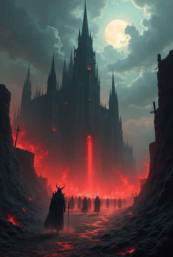 In the heart of a blighted land, where shadows stretch longer than memory and the earth bleeds underfoot, the Forsaken Dominion stands. A fortress of stone and despair, its blackened spires pierce the skies like the jagged teeth of some ancient beast. Here, beneath a sky forever choked with storm and fire, an army of crimson devils marches, their eyes alight with a cruel, unholy flame. They command the chains, dark tendrils that erupt from the very bones of the earth, seeking out and ensnaring those who dare defy the Dominion’s will. The wails of the captured echo through the desolation, a haunting hymn to the unseen horrors that lie in wait. This is the place where hope is buried, and where even the heavens fear to tread.