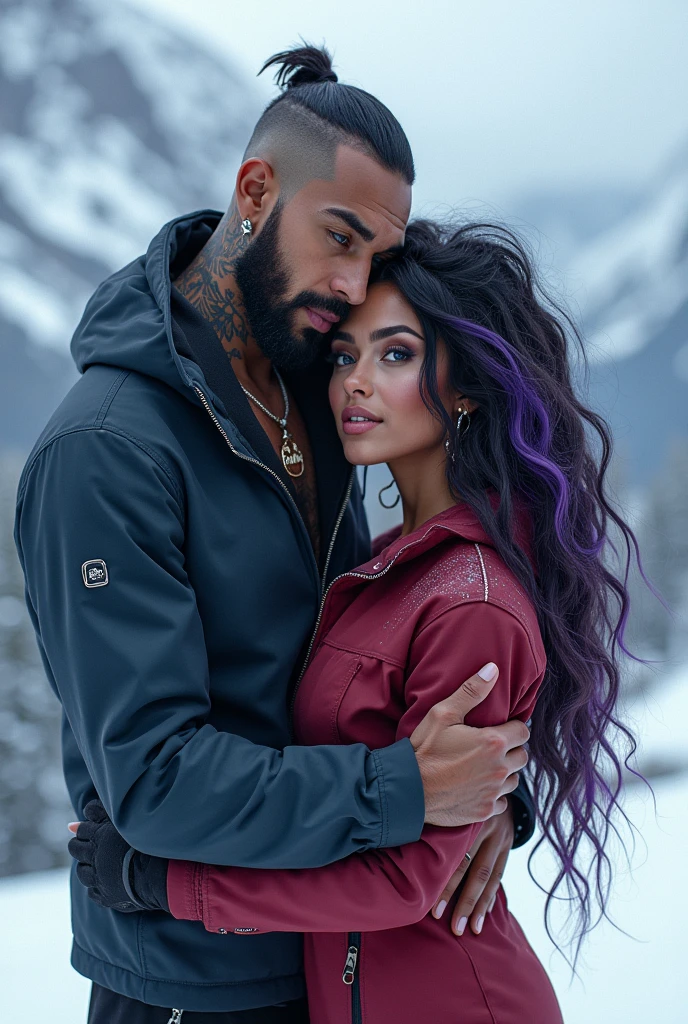 Couple hugging handsome dark-skinned man, brownish skin, blue eyes, thick lips, black shaved hair with a fade cut, graduated beard, Muscular body with tatto wearing snow goggles snow shirt accompanied by Beautiful woman with wavy black and purple hair dark eyes, perfect makeup with accessories in her hands and a necklace with the name AineV dressed in snow clothes snow shirts snow pants and snow goggles snow boot skiing on a snow mountain 