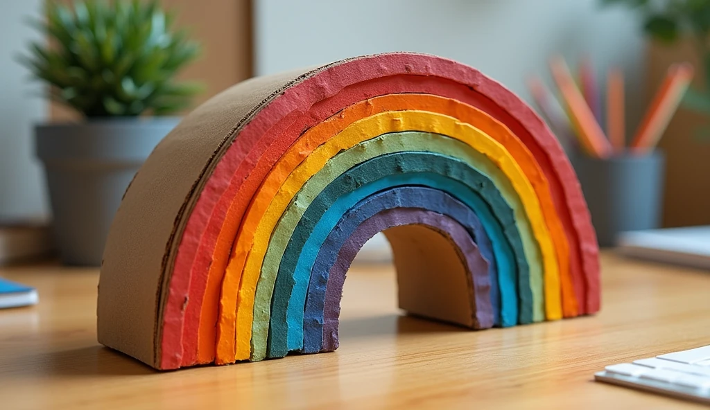 Handmade realistic rainbow pencil holder made of cardboard