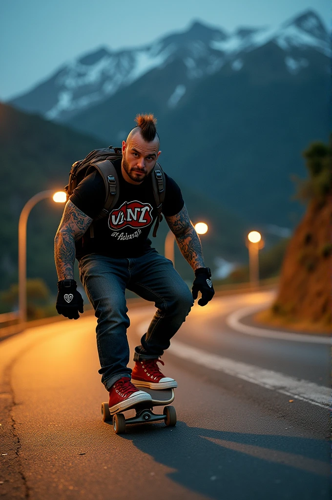a fat Punk skateboarding with red mohawk and upturned jacket covered in tattoos on his arms,he is bodys is fat with a cool pose, confidently riding a skateboard down a winding mountain road ferry fasted, framed by the night golden light of the street. He is wearing a black t-shirt with a vintage VAN logo on his chest and a bag on his back, and denims jeans and use red converse shoes. The man look at the camera, his hands protected by black gloves, adding a personal touch to the thrilling scene. He also wears knee and elbow pads, ensuring safety as he navigates the turns with ease. The background is midnight lanscape features rolling green hills and snow-capped mountains in the distance, creating a stunning contrast to the rider’s dynamic movements, amplifying the excitement. In the distance. The image exudes the thrill of downhill skateboarding, the beauty of the natural scenery, and the fearless energy of the rider, with an Instagram-worthy night atmosphere.