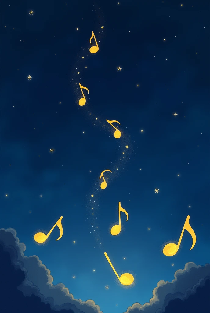 Yellow musical notes, night sky, background only, cute