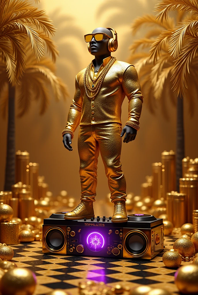 a statue with large, golden glasses, several gold chains on, huge gold headphones, The statue is only up to the torso and below it has a DJ console with gold speakers on the sides. It has gold palm trees and gold coins, luxury gold cars and small details and more gold accessories on a checkered floor., The gondo in the picture is black with a purple touch and a neon light in the middle