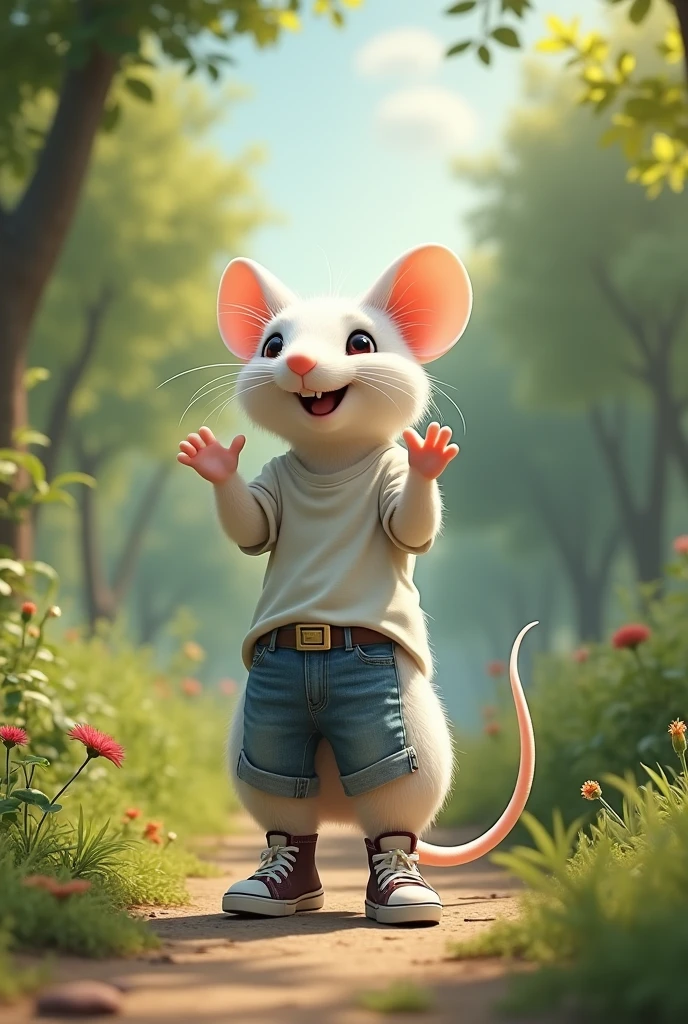 White mouse posing as a ager Standing in sneakers, in an environmental park, with hands up