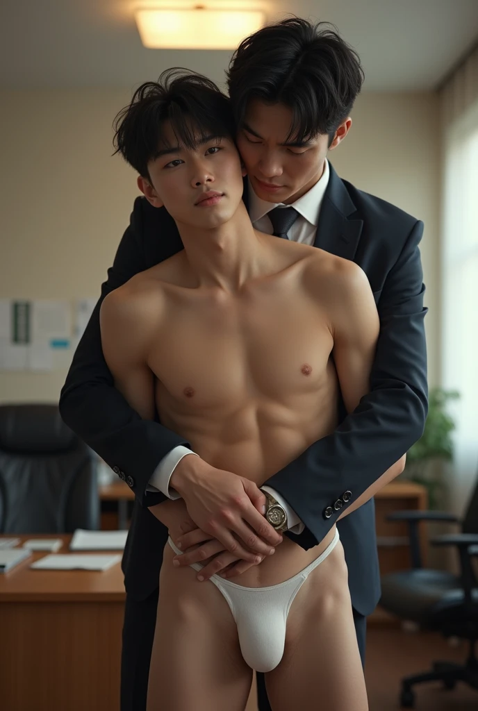 Real photo style、Realistic、Cute handsome man、Idol face、、Japanese、Slim body、Mash Hair、Completely naked、Full nudity、I was hugged from behind by an old man in a suit.、Inside the office、Embarrassed look、Completely naked、Completely naked、Huge penis