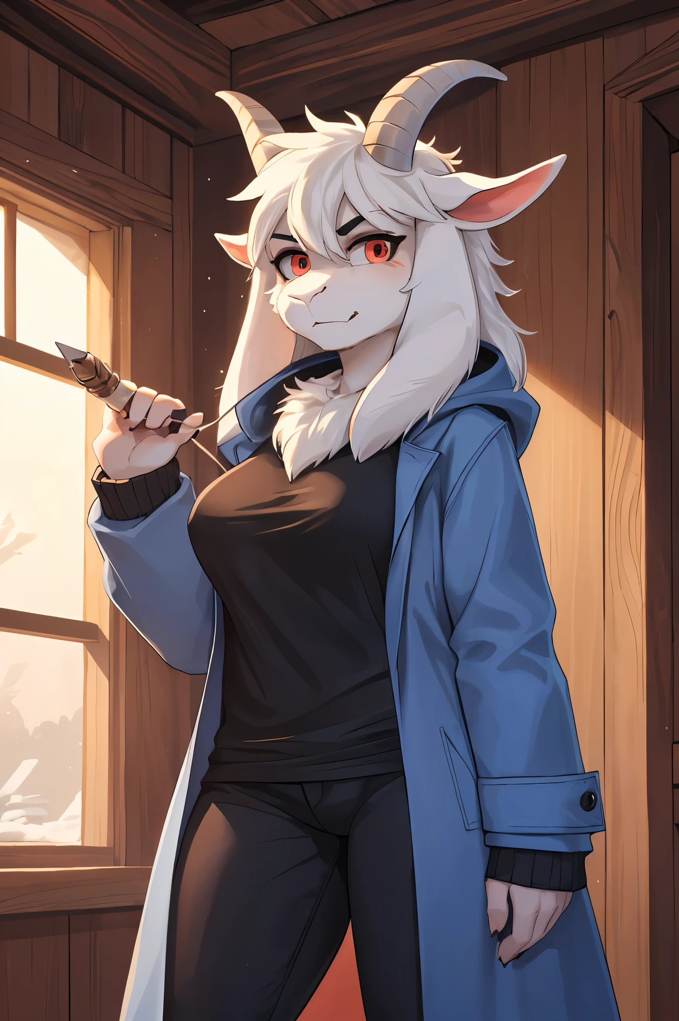 woman,  adult, alone, in a house, hairy, goat, anthropomorphic goat, Asriel, Undertale ((Asriel Dreemurr)), average breasts, big ass, average hips, perfect body, tall, ((long hair, long white hair )), black sclerae, reddish pupils, pupils with a line, anthropomorphic face, cartoon, anger, Eskimo coat ((blue coat, no drawing, Eskimo coat)), metacarpal paw, black blouse ((black shirt, pants black)), goat's tail, short horns, white horns ((droopy ears, big ears)), looking at the viewer, goat's paw, holding two sabers, anthropopaw, detailed, best quality, best detail, details and quality .
