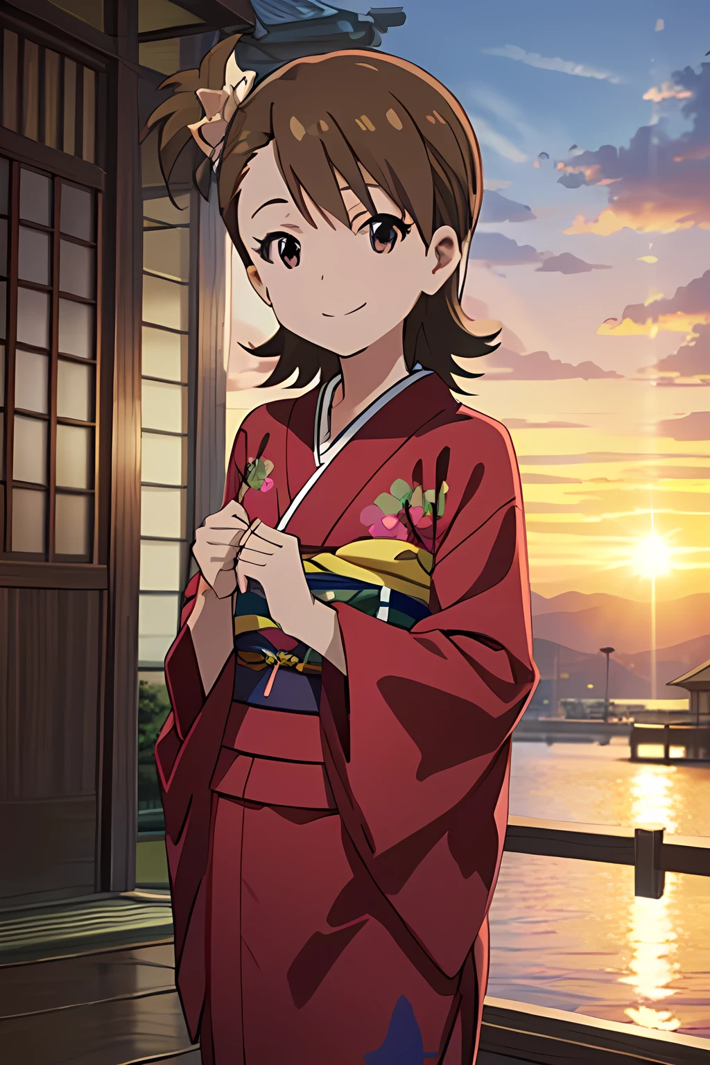 (UHD)、ami futami、kimono、smile、sunset、((pixel-perfect, detail-perfect))、cowboy shot