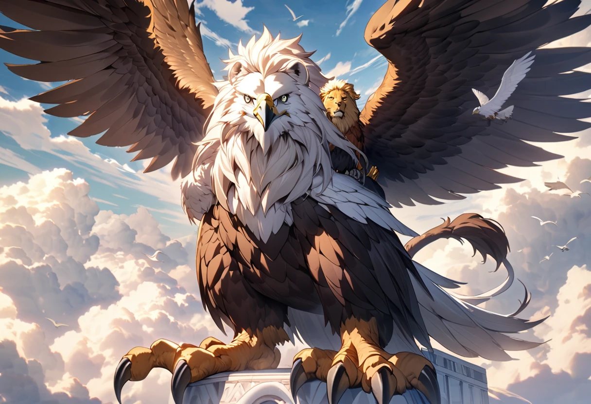 A griffin (head and mane of a white eagle, huge eagle wings attached to the shoulders, fore legs and talons of a bald eagle, body and hind legs of a lion, lion tail) flies majestically in the clouds