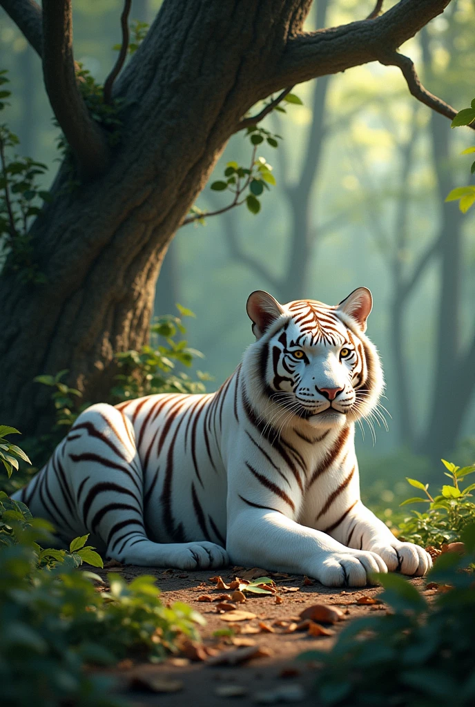White tiger in forest under a tree