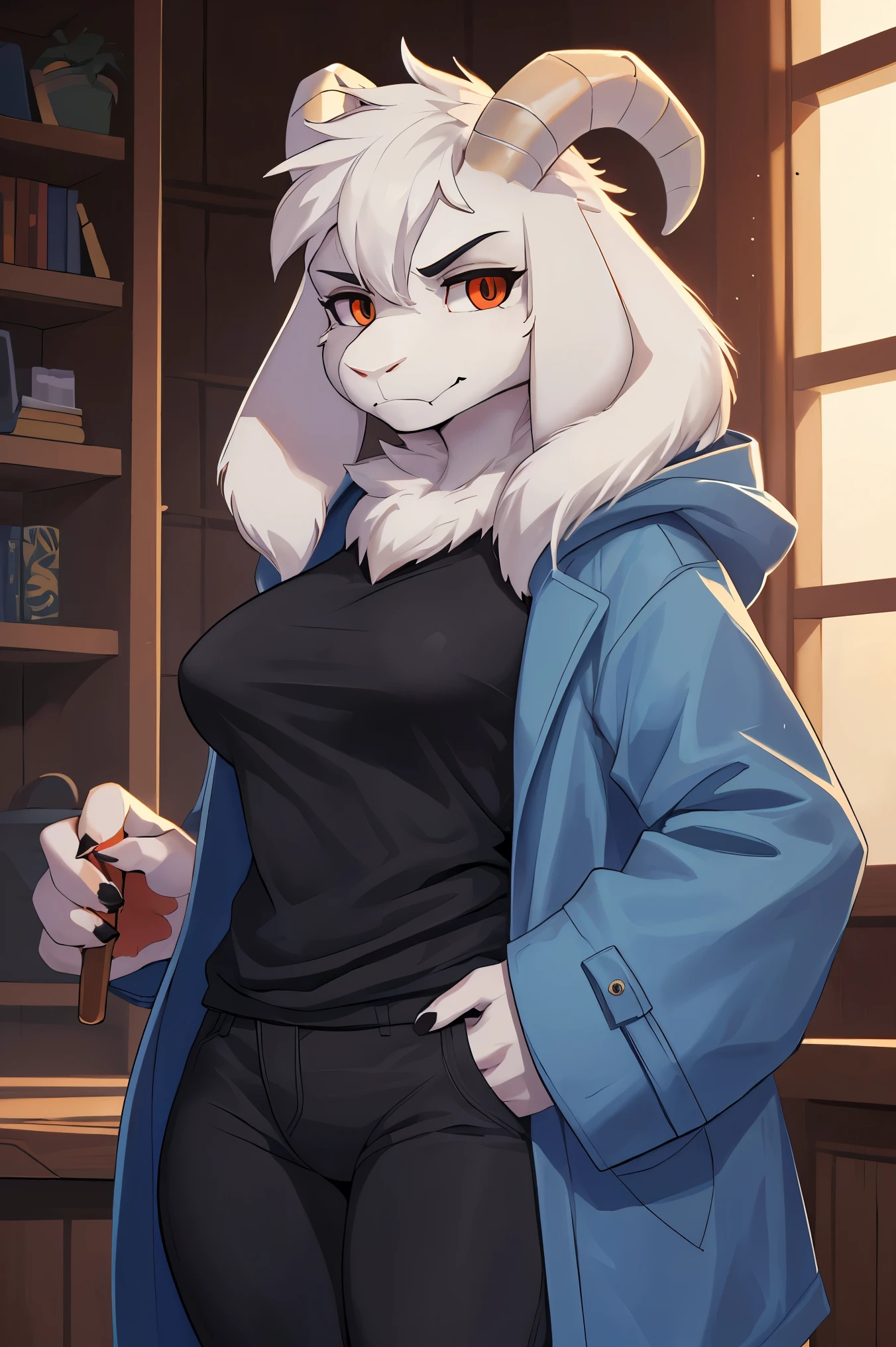 woman, young adult, alone, in a house, hairy, goat, anthropomorphic goat, Asriel, Undertale ((Asriel Dreemurr)), average breasts, big ass, average hips, perfect body, tall, ((long hair, long white hair )), black sclerae, reddish pupils, pupils with a line, anthropomorphic face, cartoon, anger, Eskimo coat ((blue coat, no drawing, Eskimo coat)), metacarpal paw, black blouse ((black shirt, pants black)), goat's tail, short horns, white horns ((droopy ears, big ears)), looking at the viewer, goat's paw, holding two sabers, anthropopaw, detailed, best quality, best detail, details and quality .