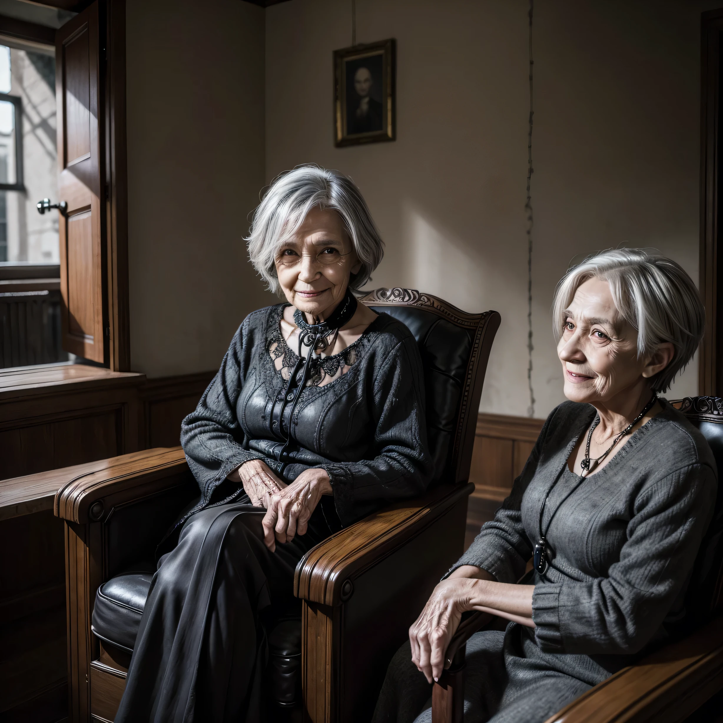 aged woman, black, cane in hand, sitting in an armchair, malicious smile, with a hint of mystery, fearow, gray hair, house with old decorations, dark surroundings, weirdcore, high definition image, overdefined