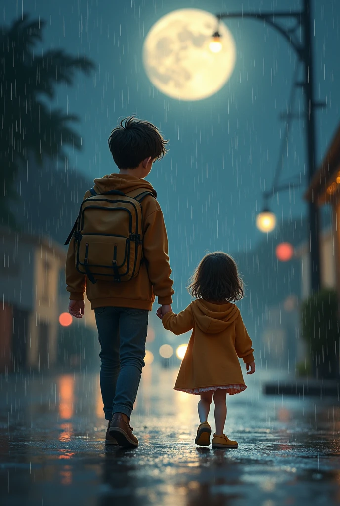 visual image or photograph.moonlit night with a 
hight brother and a shot cute sister walking in the rain.highlight the depth of field and quality, conveying a sense of happiness and a good life despite the rainy weather.