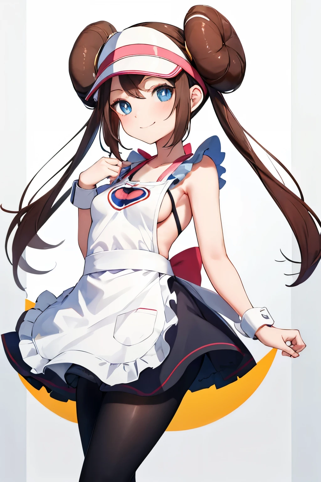 apron, 14yo,smile, Sideboob, shy, ((Small breasts)), masterpiece, highest quality, High resolution, ro1, Hair Bun, Blue eyes, Twin tails, Visor Cap, pantyhose, Ruffled Bra, Black Stockings,