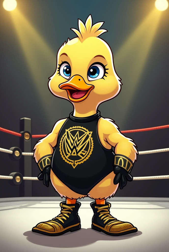 cartoon goose dressed like WWE wrestler Golddust.
Cartoon Goose head. Cartoon Goose face. Cartoon Goose hands.
Black and gold bodysuit. Black wrestling boots.
Standing in a wrestling ring.