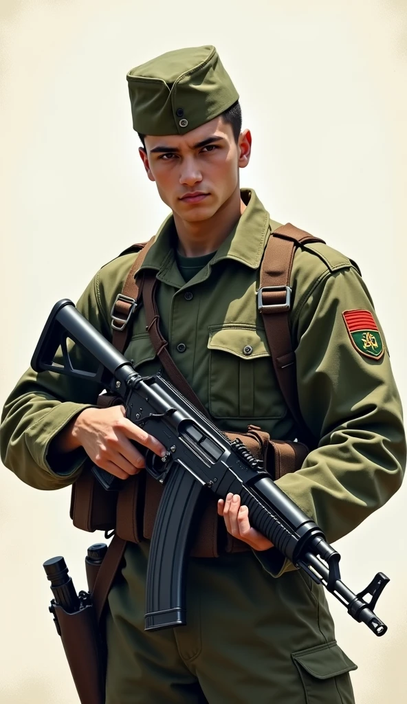 masterpiece, best quality, 1boy, cowboy shot, delicate eyes, military uniform,  AK-47, AKM, kalashnikov_rifle, assault_rifle, holding_gun