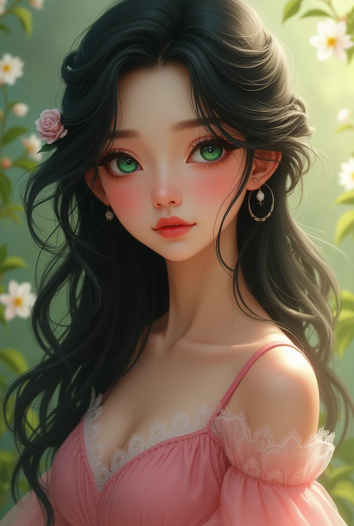 A girl with green eyes, beautiful, black hair and pink dress