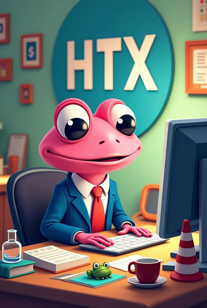 Here's a revised prompt to make sure the text "HTX" appears both on the computer screen and in the background:
"Create an image of a cartoon-style pink frog character with large eyes, sitting at a desk working on a computer. The frog is wearing a blue suit jacket, a white shirt, and a red tie. The text 'HTX' should be displayed prominently on the computer screen. Additionally, ensure there is a visible 'HTX' sign or logo in the background on the wall or another object. The desk should have a lamp, a glass of water, some books, a small toy frog in a water dish, and scattered decorative elements like striped cone-shaped objects. The scene should have a colorful and playful style, with focused lighting on the desk and the 'HTX' text clearly visible in both places."
This prompt specifies where you want the "HTX" text to appear.