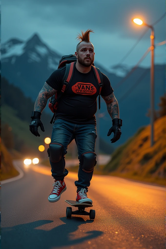 a fat Punk skateboarding with red mohawk and upturned jacket covered in tattoos on his arms,he is bodys is fat with a cool pose, confidently riding a skateboard down a winding mountain road ferry fasted, framed by the night golden light of the street. He is wearing a black t-shirt with a vintage VAN logo on his chest and a bag on his back, and denims jeans and use red converse shoes. The man look at the camera, his hands protected by black gloves, adding a personal touch to the thrilling scene. He also wears knee and elbow pads, ensuring safety as he navigates the turns with ease. The background is midnight lanscape features rolling green hills and snow-capped mountains in the distance, creating a stunning contrast to the rider’s dynamic movements, amplifying the excitement. In the distance. The image exudes the thrill of downhill skateboarding, the beauty of the natural scenery, and the fearless energy of the rider, with an Instagram-worthy night atmosphere.