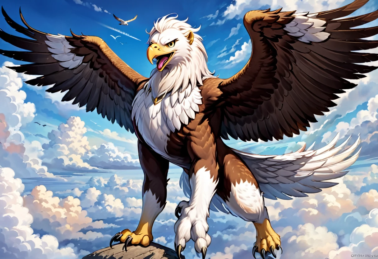 A griffin (head and mane of a white eagle, huge eagle wings attached to the shoulders, fore legs and talons of a bald eagle, body and hind legs of a lion, lion tail) flies majestically in the clouds
