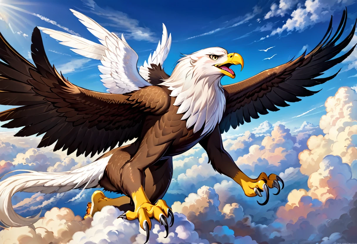 A griffin (head and mane of a white eagle, huge eagle wings attached to the shoulders, fore legs and talons of a bald eagle, body and hind legs of a lion, lion tail) flies majestically in the clouds
