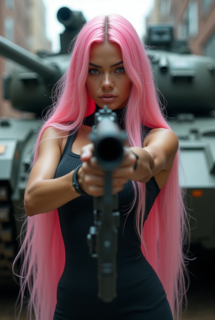 1 very beautiful woman, with exuberant beauty, 30years, long flowing pink hair, cyberpunk style, war tank, wearing a jumpsuit, fully body, holding a rifle and aiming fixedly at the viewer