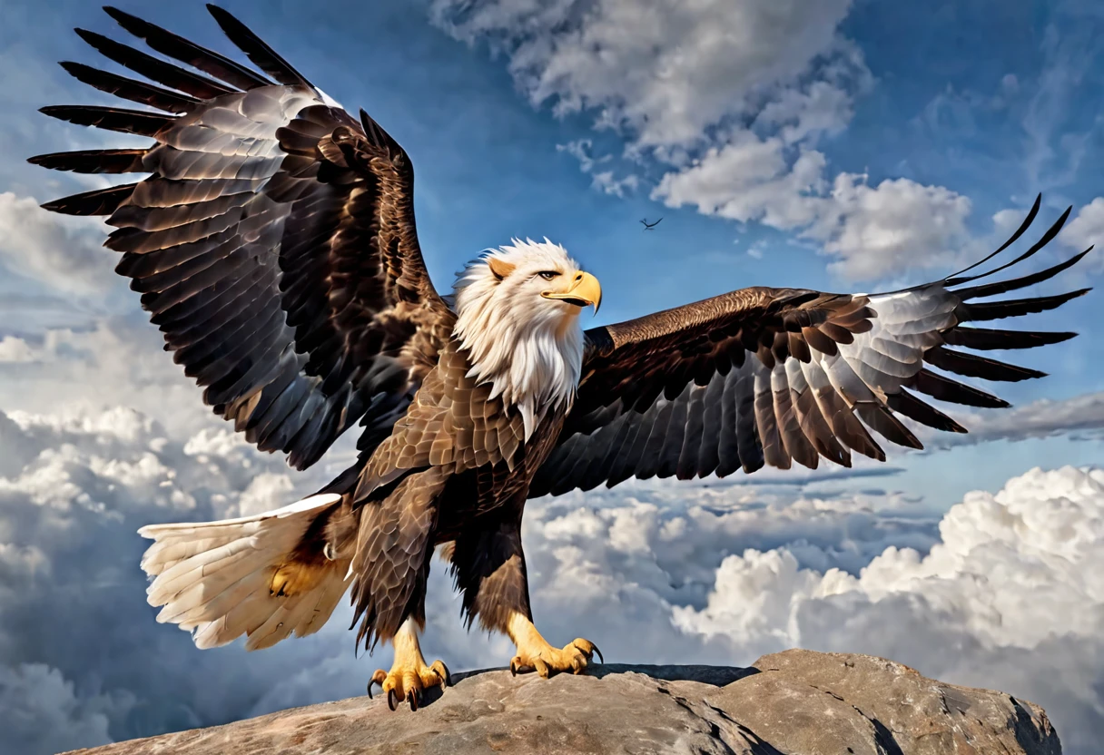 A griffin (head and mane of a white eagle, huge eagle wings attached to the shoulders, fore legs and talons of a bald eagle, body and hind legs of a lion, lion tail) flies majestically in the clouds