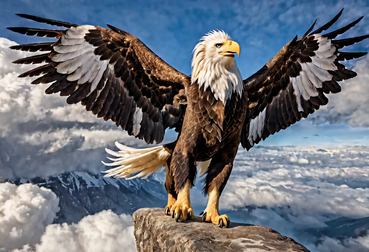 A griffin (head and mane of a white eagle, huge eagle wings attached to the shoulders, fore legs and talons of a bald eagle, body and hind legs of a lion, lion tail) flies majestically in the clouds