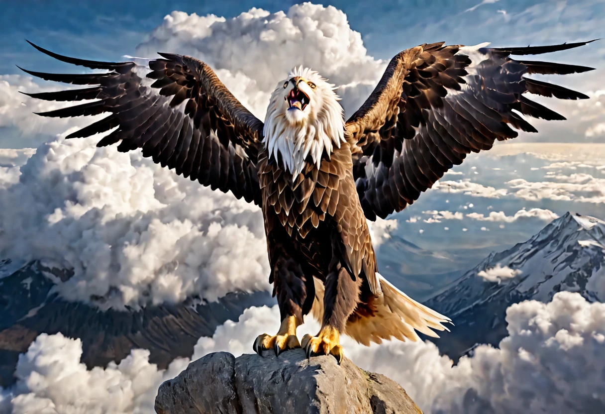 A griffin (head and mane of a white eagle, huge eagle wings attached to the shoulders, fore legs and talons of a bald eagle, body and hind legs of a lion, lion tail) flies majestically in the clouds
