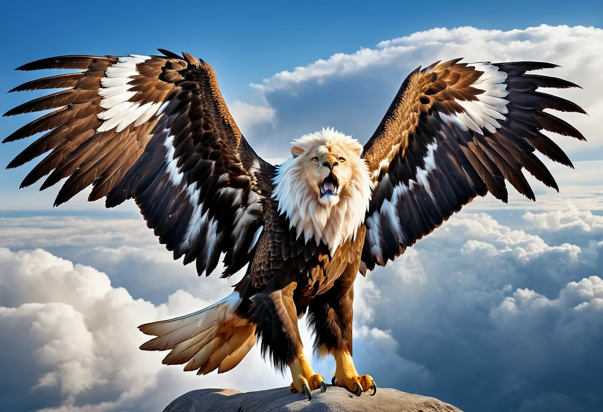 A griffin (head and mane of a white eagle, huge eagle wings attached to the shoulders, fore legs and talons of a bald eagle, body and hind legs of a lion, lion tail) flies majestically in the clouds