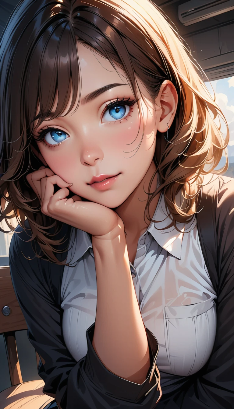 8k,Highest quality, masterpiece, Ultra-high resolution, (Realistic:1.4), RAW Photos, (Real skin texture:1.3), (Film Grain:1.3), (Selfie angle),One girl, One-Pun Hairstyle, Brown Hair, Sitting, Chair, boredom, Hand supporting chin, Beautiful and detailed eyes and face,masterpiece, Highest quality,close,Upper Body,