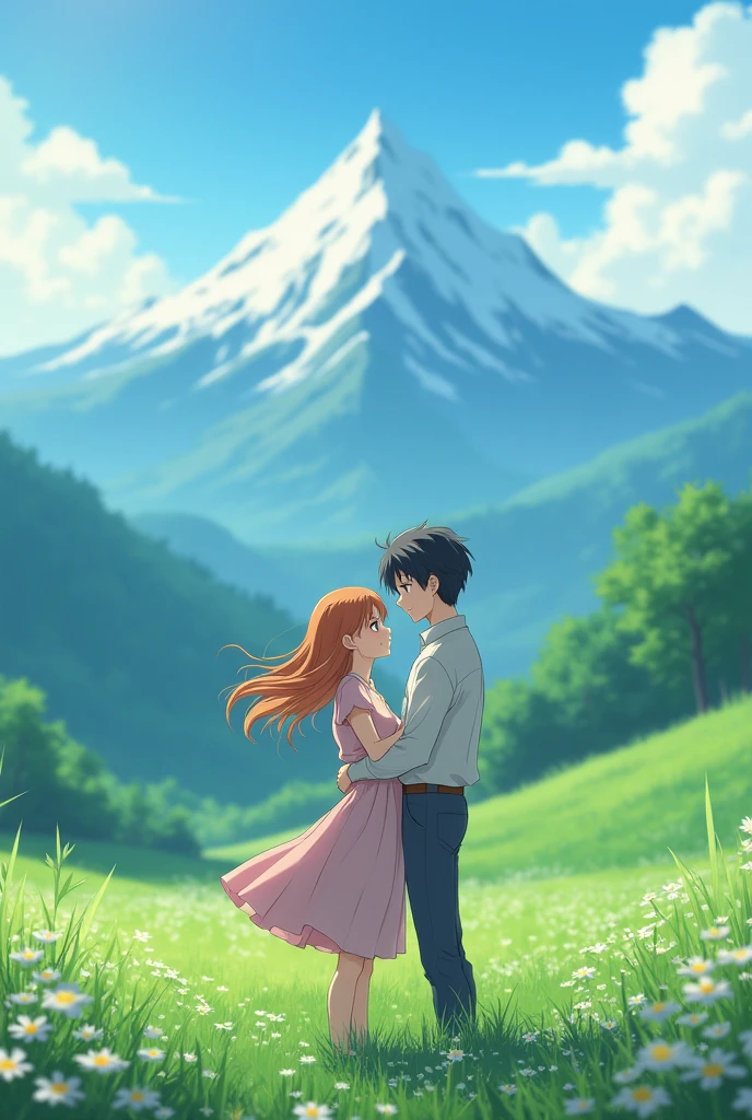 Anime couple in a field with mountains in the background