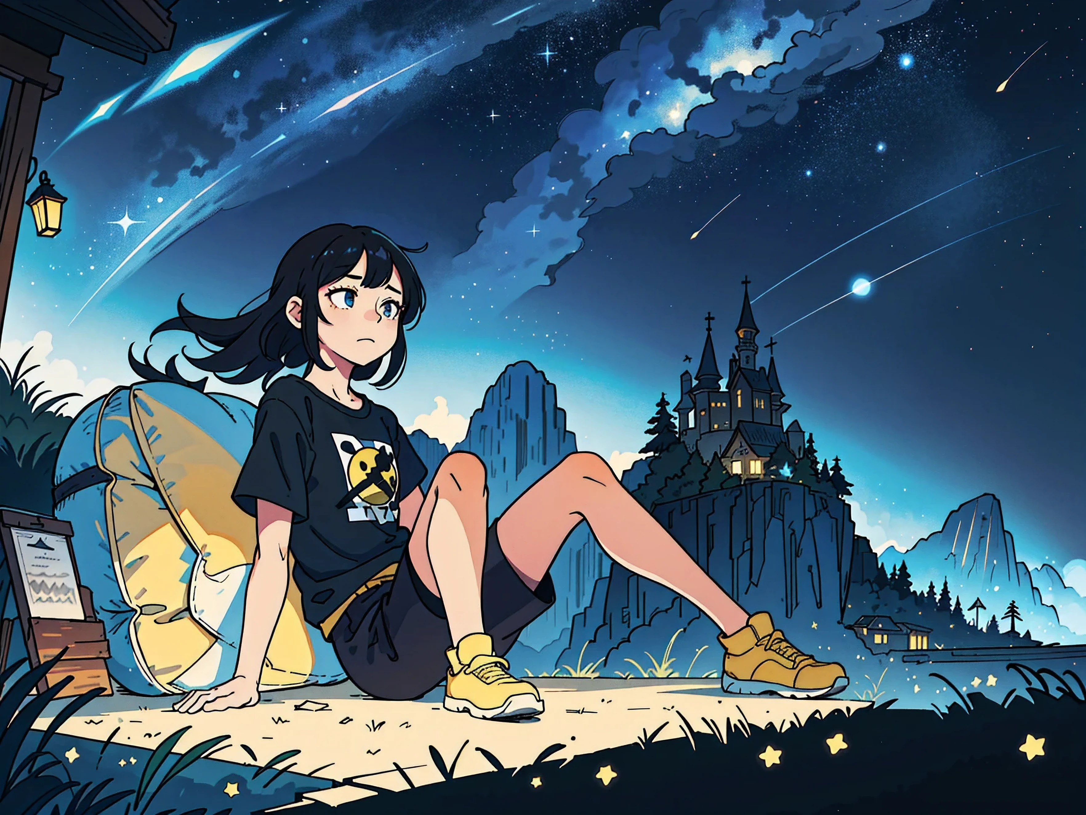 Super detailed:1.3, (Absurd, texture, masterpiece), pixiv Contest Winner, John Berkey, Dynamic cartoon style illustration,Oversized T-shirt、stand lighting、Colored pencil style、Long black hair、sitting in outside looking at the mountain、morning shine, shiny, windy, sunshine, yellow ambience, in the midle wide grass, kitten、outdoor、High precision、detailed、8K,Sitting with legs crossed, Starry sky inner hair,Dark aesthetic,Euphoric,Black shorts,Beautiful woman,Old alley background, Dozing off,Crayon colored Zentangle,overview,Anime