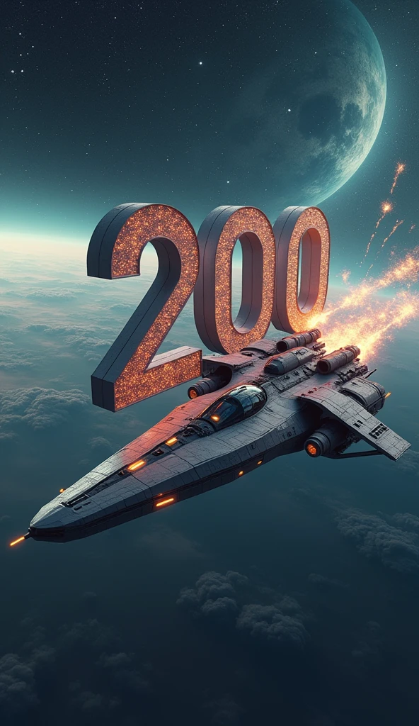 a giant space ship towing a giant number 200 in space passing from earth in background celebrating the from firing crackers in space. 4k quality detailed image, make sure number has to be correct, 