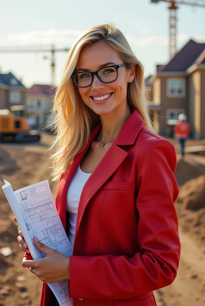 A blonde woman in a red jacket in the background of a construction site of houses, an attractive and realistic woman with reading glasses and a sign of rock houses