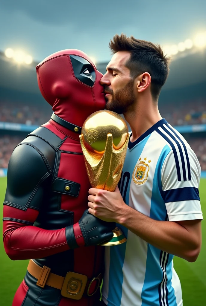 Deadpool and Messi kissing the World Cup