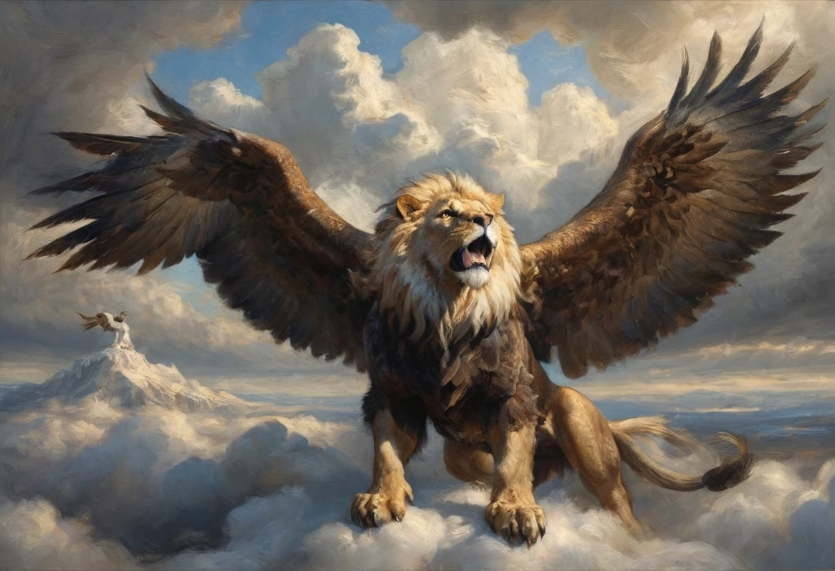 A griffin (head and mane of a white eagle, huge eagle wings attached to the shoulders, fore legs and talons of a bald eagle, body and hind legs of a lion, lion tail) flies majestically in the clouds