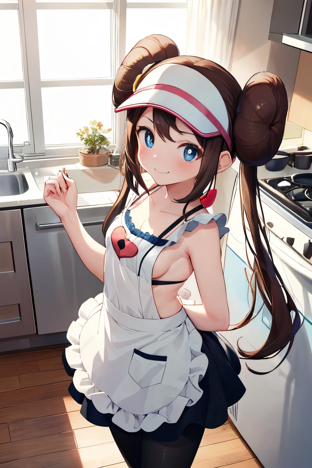apron, kitchen, Newly Married, heart, ,smile, Sideboob, shy, ((Small breasts)), masterpiece, highest quality, High resolution, ro1, Hair Bun, Blue eyes, Twin tails, Visor Cap, pantyhose, Ruffled Bra, Black Stockings,