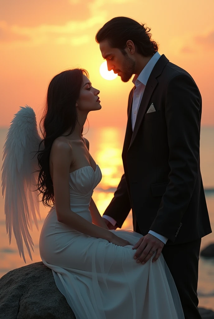 White pretty girl with black hair height 5'3 representing the life in white dress and black sri lanken boy height 5'6 with black straight hair with gote and moustache wearing black suit representing the death talking in the beach in the sunset, boy is black Indian boy they are lovers boy isn't way handsome but attractive Indian girl is sitting on rock, boy is wearing black suit he is the death, girl is beautiful angel like and boy is like satan himself disgust as human 