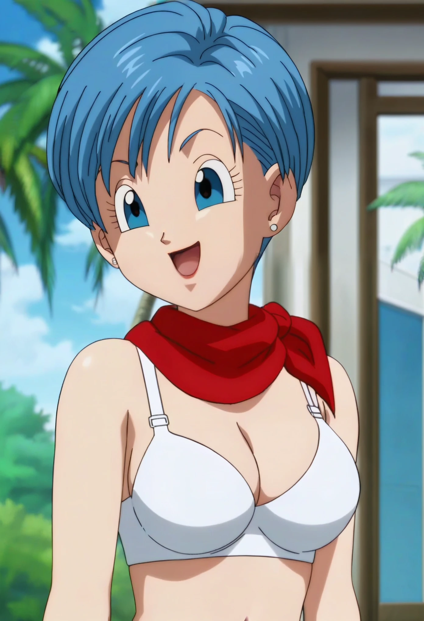 source_anime, score_9, score_8_up, score_7_up, anime screencap,8k, absurd res, 
bulma, 1girl, solo, breasts, smile, short hair, bowl cut,  open mouth, blue eyes, cleavage, jewelry, medium breasts, blue hair, white shirt, upper body, :d, earrings, outdoors, sky, day, cloud, blurry, tree, blue sky, red neckerchief, palm tree, official style, anime coloring, portrait, taking off shirt, ((bra)), big breasts
 