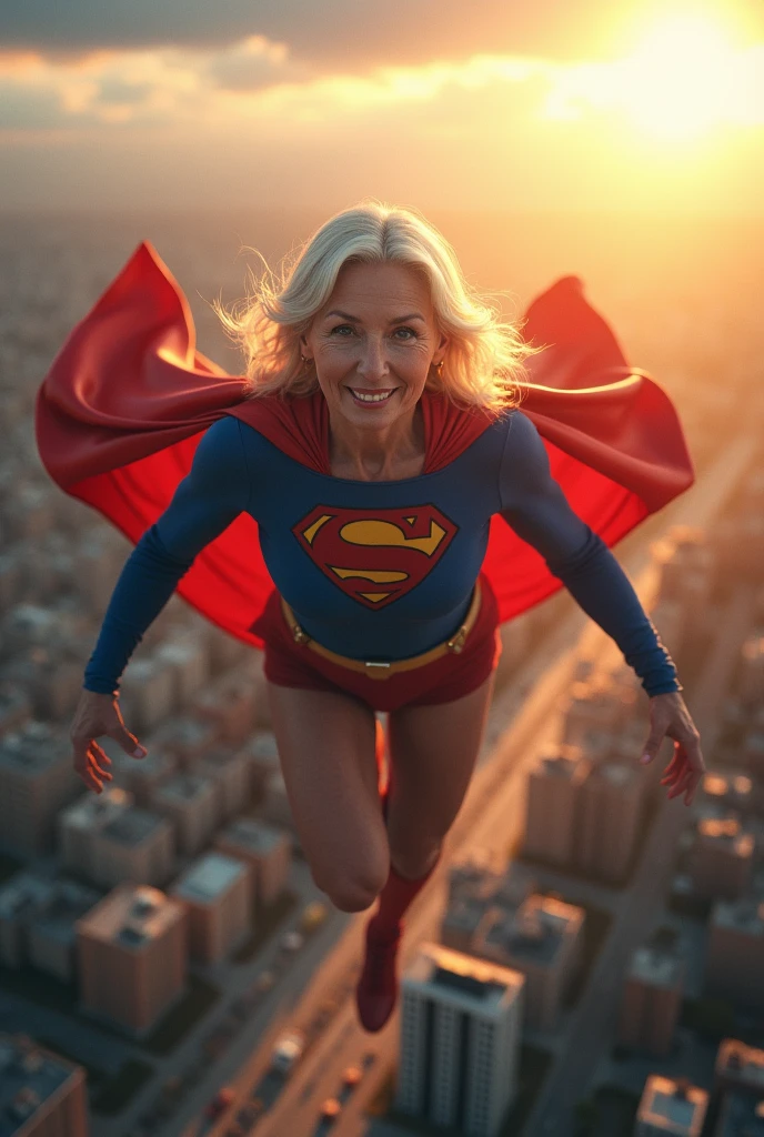 Julie Hagerty(((very beautiful old Supergirl (((1984s costume))); Julie Hagerty))) Super old woman Julie Hagerty; full body; stretched in the air; confident, powerful, indestructible, attractive; big and firm chest, floating high above the city, sunlight streaming through the clouds, dramatic pose, cinematic lighting, colorful cityscape below, gritty urban environment, intricate details, hyper-realistic, 8k, cinematic, dramatic, grandiose, superhero, flying, cape flowing, muscular, confident, powerful, determined expression, glowing eyes, lens flare, volumetric lighting, cinematic camera angle, dramatic shadows and highlights, photorealistic, vibrant colors, highly detailed, masterpiece