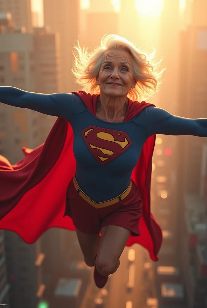 Julie Hagerty(((very beautiful old Supergirl (((1984s costume))); Julie Hagerty))) Super old woman Julie Hagerty; full body; stretched in the air; confident, powerful, indestructible, attractive; big and firm chest, floating high above the city, sunlight streaming through the clouds, dramatic pose, cinematic lighting, colorful cityscape below, gritty urban environment, intricate details, hyper-realistic, 8k, cinematic, dramatic, grandiose, superhero, flying, cape flowing, muscular, confident, powerful, determined expression, glowing eyes, lens flare, volumetric lighting, cinematic camera angle, dramatic shadows and highlights, photorealistic, vibrant colors, highly detailed, masterpiece