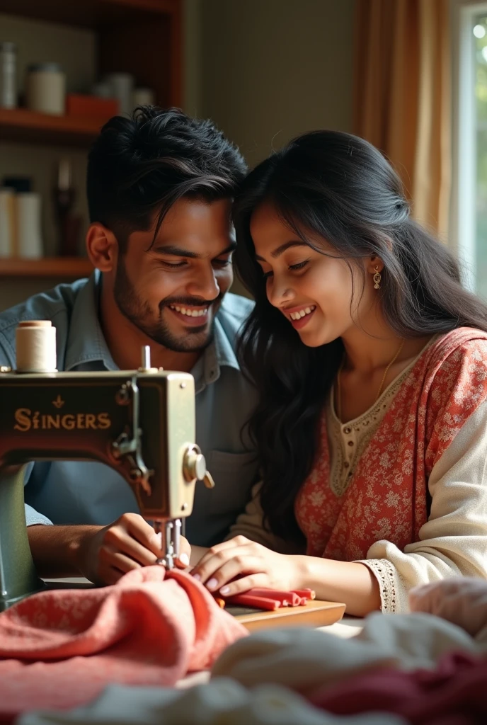 A girl working in tailoring her boy friend looking her pretty at home she name is vinisha her boy friend name is jegan mention both of them name on that photo she is working not him
