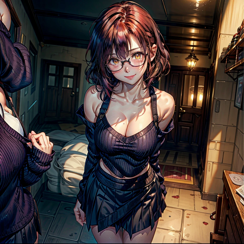 .1 woman,Alone, breasts a little big,short hair, curly hair, natural redhead,yellow eyes, from above, smile, Blush all over the face, coquette, throw, smile radiante, short black skirt, Loose sweater, purple sweater, Off the shoulder sweater, standing, Entrance of a house, round glasses, long nails.